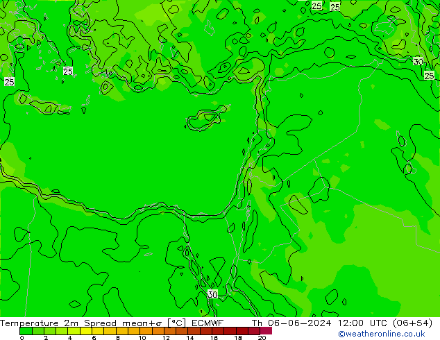 Temperatura 2m Spread ECMWF jue 06.06.2024 12 UTC