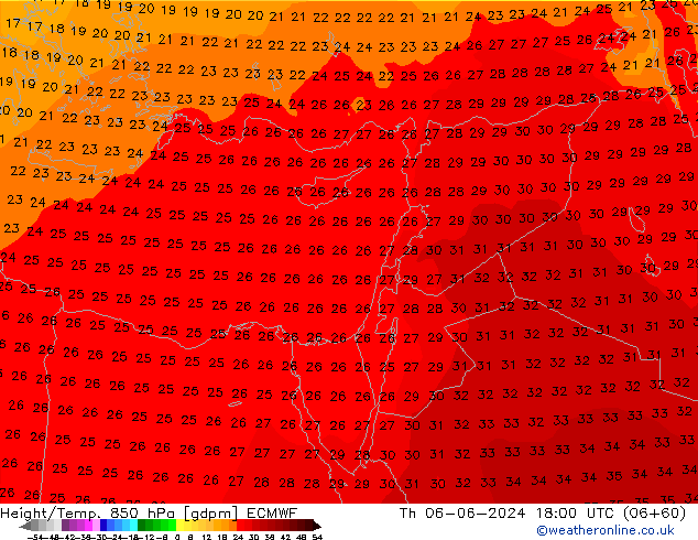 Geop./Temp. 850 hPa ECMWF jue 06.06.2024 18 UTC