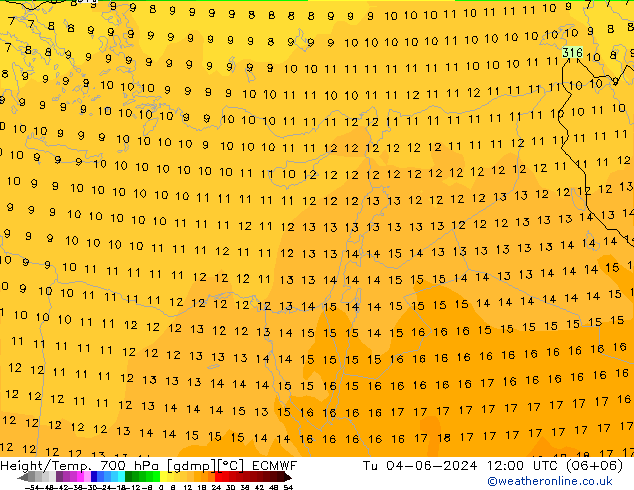 Height/Temp. 700 hPa ECMWF Tu 04.06.2024 12 UTC