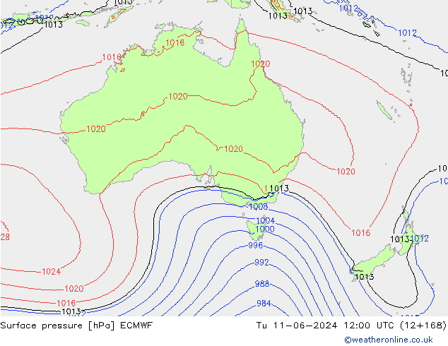 Surface pressure ECMWF Tu 11.06.2024 12 UTC