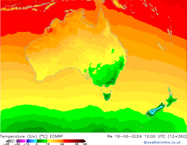 Temperature (2m) ECMWF We 19.06.2024 12 UTC