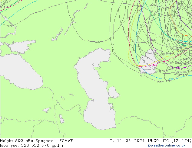 Height 500 hPa Spaghetti ECMWF Tu 11.06.2024 18 UTC