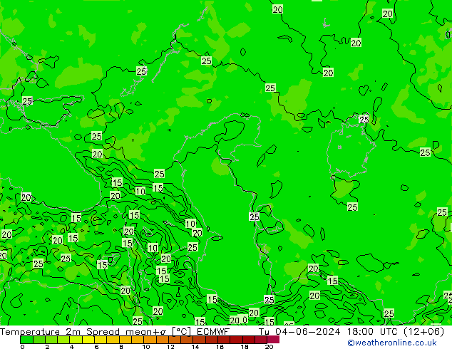 Temperaturkarte Spread ECMWF Di 04.06.2024 18 UTC