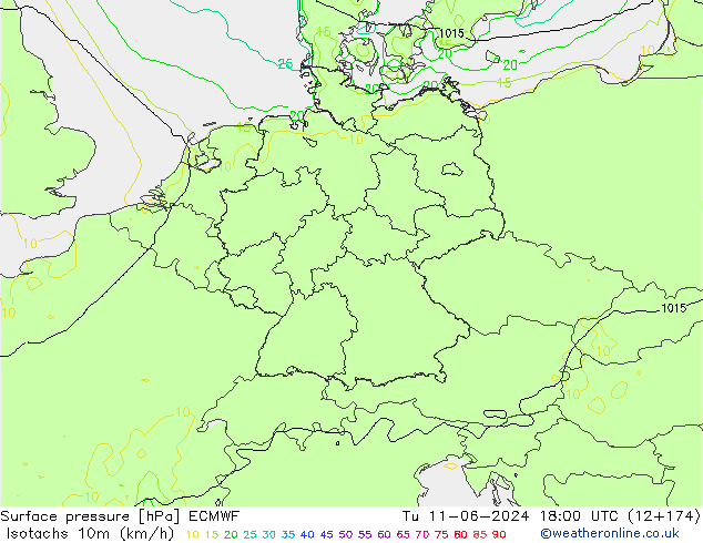 Isotachs (kph) ECMWF вт 11.06.2024 18 UTC