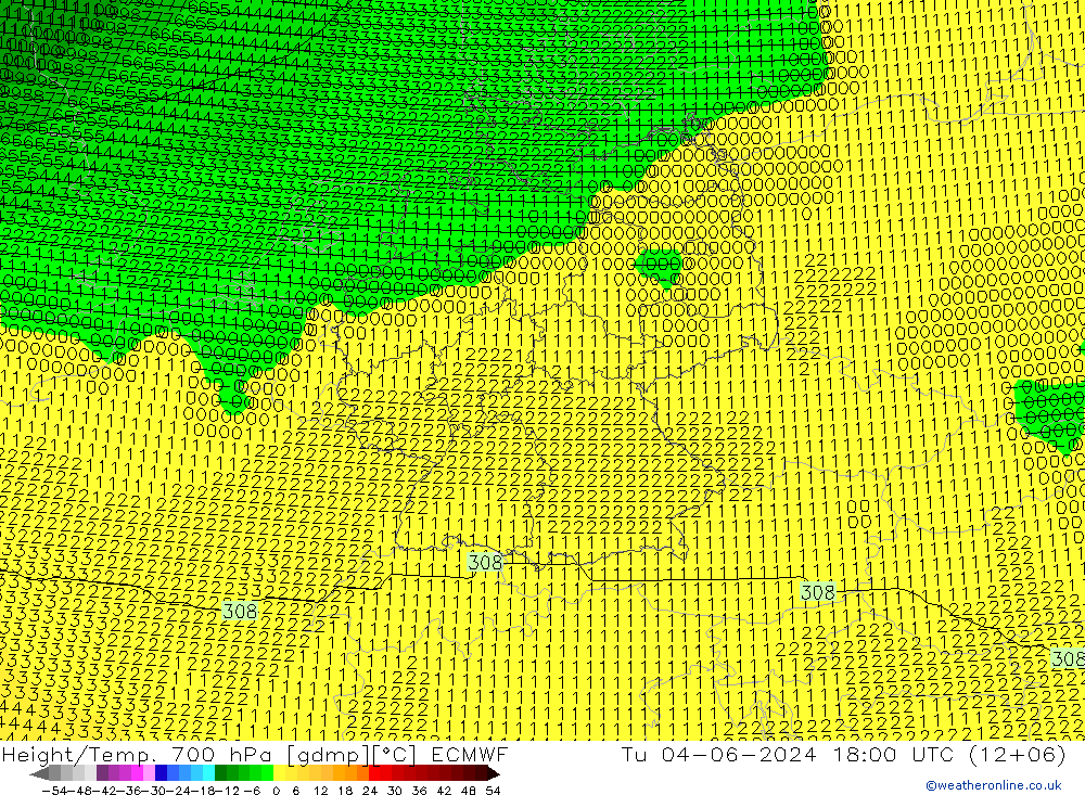 Height/Temp. 700 hPa ECMWF wto. 04.06.2024 18 UTC