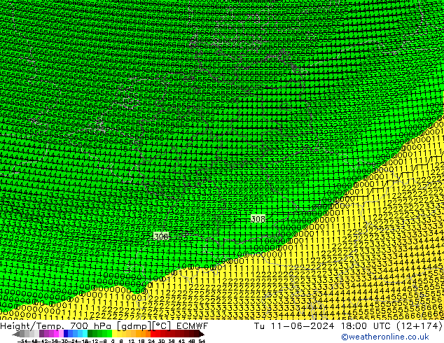 Height/Temp. 700 hPa ECMWF Út 11.06.2024 18 UTC