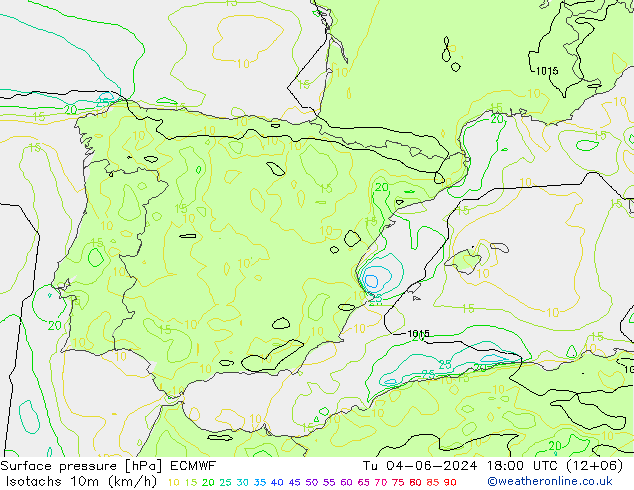 Isotachs (kph) ECMWF Tu 04.06.2024 18 UTC