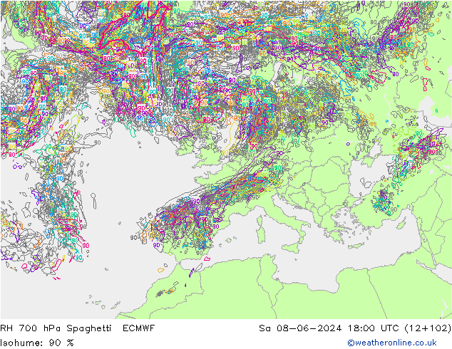 Humidité rel. 700 hPa Spaghetti ECMWF sam 08.06.2024 18 UTC