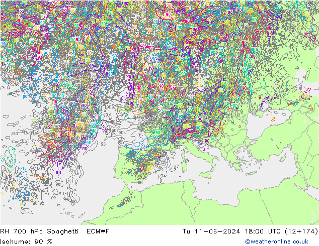 RH 700 hPa Spaghetti ECMWF  11.06.2024 18 UTC