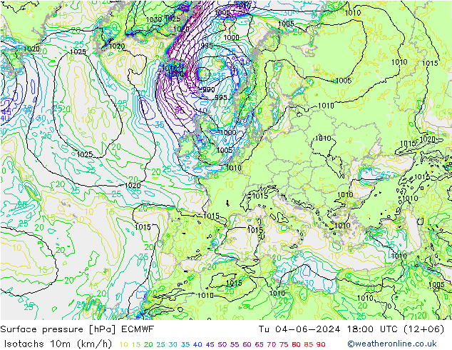 Isotachs (kph) ECMWF Tu 04.06.2024 18 UTC