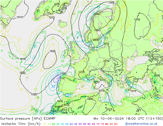 Isotachs (kph) ECMWF lun 10.06.2024 18 UTC