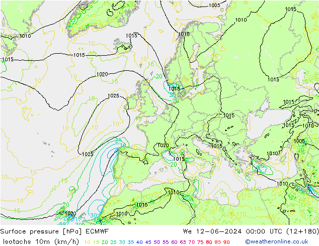 Isotachs (kph) ECMWF We 12.06.2024 00 UTC