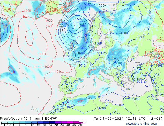 Precipitation (6h) ECMWF Tu 04.06.2024 18 UTC