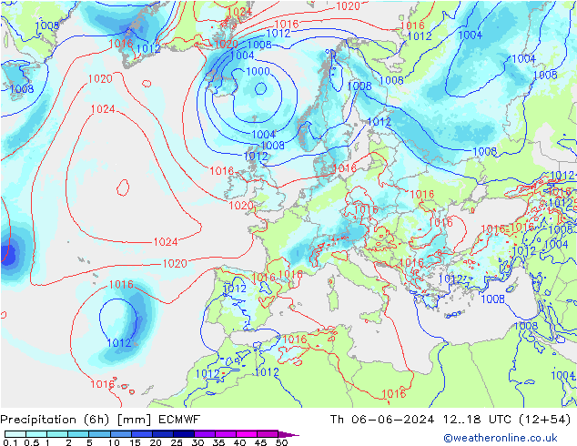 Totale neerslag (6h) ECMWF do 06.06.2024 18 UTC