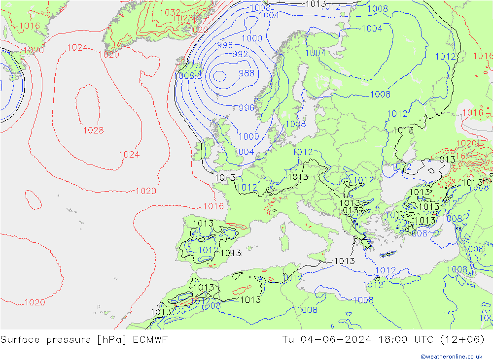 Surface pressure ECMWF Tu 04.06.2024 18 UTC