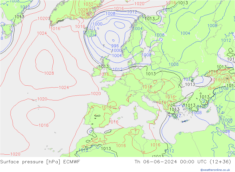 Surface pressure ECMWF Th 06.06.2024 00 UTC