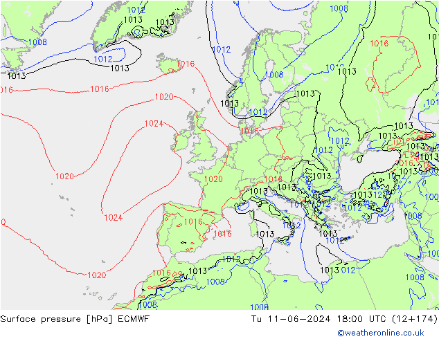 Surface pressure ECMWF Tu 11.06.2024 18 UTC