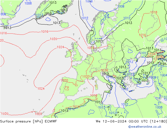 Atmosférický tlak ECMWF St 12.06.2024 00 UTC