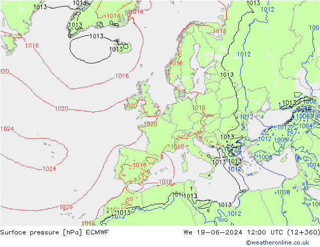 Surface pressure ECMWF We 19.06.2024 12 UTC