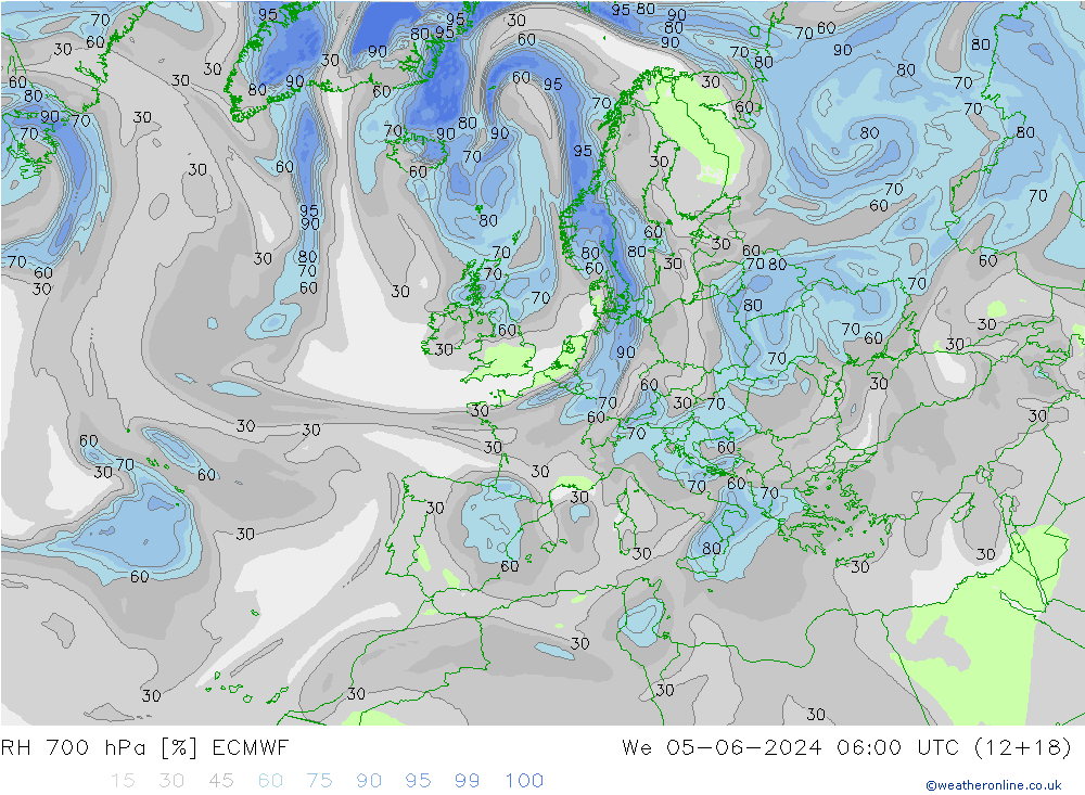 RH 700 hPa ECMWF Qua 05.06.2024 06 UTC