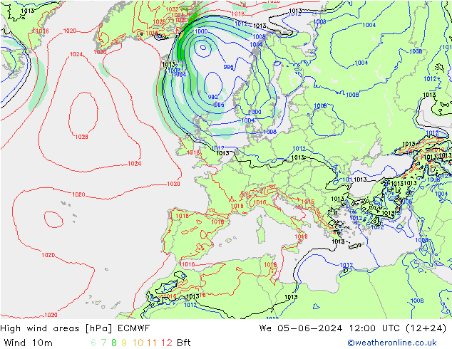 High wind areas ECMWF We 05.06.2024 12 UTC