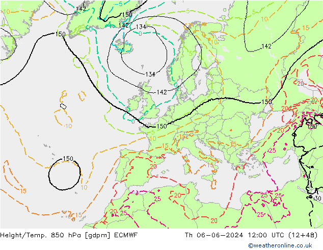 Height/Temp. 850 hPa ECMWF gio 06.06.2024 12 UTC