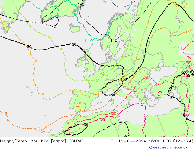 Hoogte/Temp. 850 hPa ECMWF di 11.06.2024 18 UTC