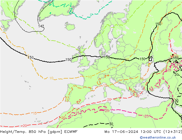 Geop./Temp. 850 hPa ECMWF lun 17.06.2024 12 UTC