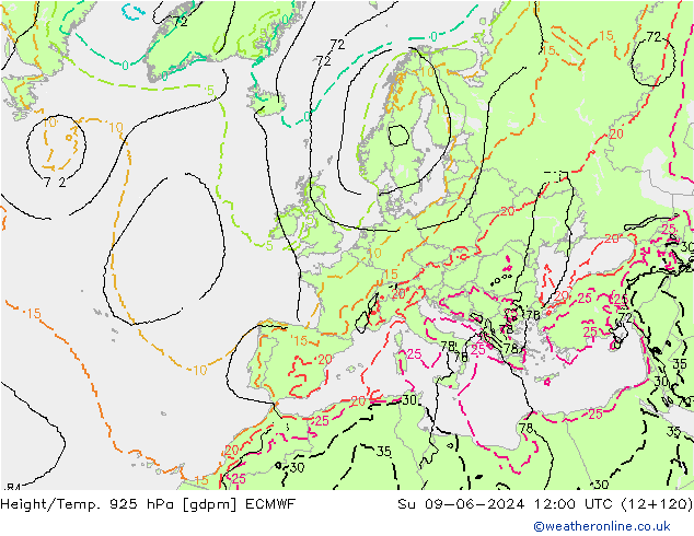 Height/Temp. 925 гПа ECMWF Вс 09.06.2024 12 UTC