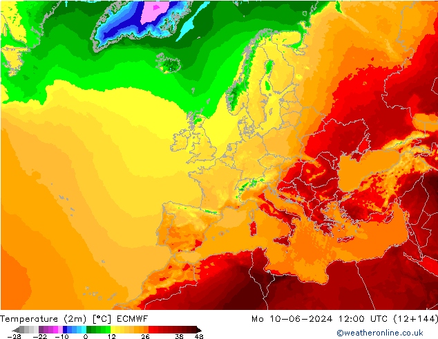 Temperature (2m) ECMWF Po 10.06.2024 12 UTC