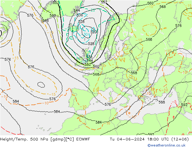 Height/Temp. 500 hPa ECMWF Tu 04.06.2024 18 UTC