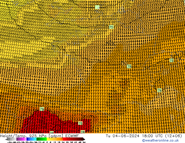 Height/Temp. 925 hPa ECMWF wto. 04.06.2024 18 UTC