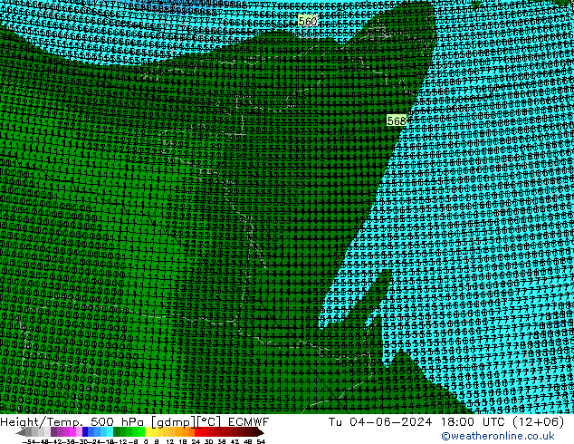 Height/Temp. 500 hPa ECMWF Tu 04.06.2024 18 UTC