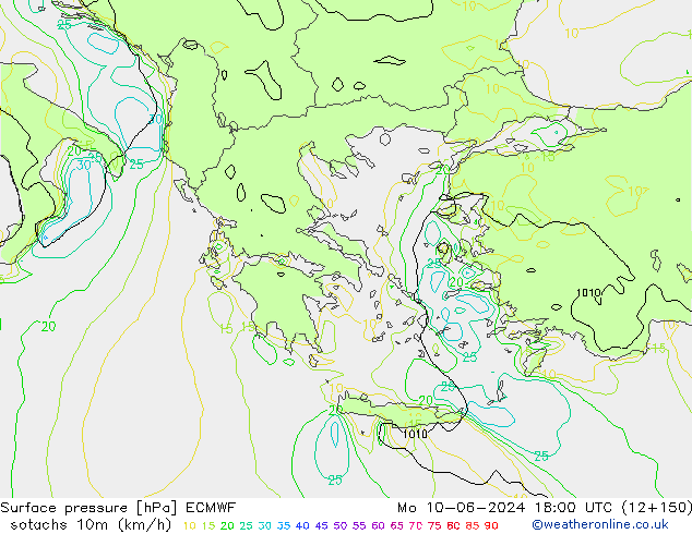 Isotachs (kph) ECMWF Mo 10.06.2024 18 UTC