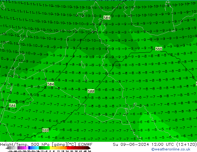 Height/Temp. 500 hPa ECMWF Su 09.06.2024 12 UTC