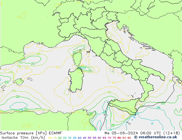 Isotachs (kph) ECMWF St 05.06.2024 06 UTC