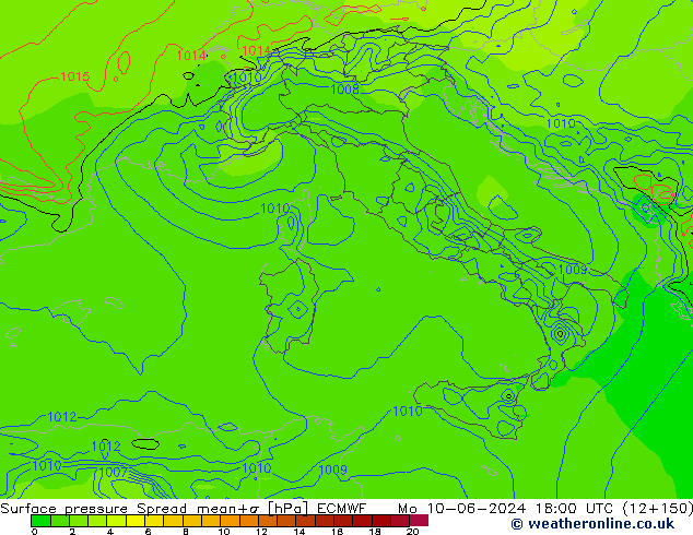 Presión superficial Spread ECMWF lun 10.06.2024 18 UTC