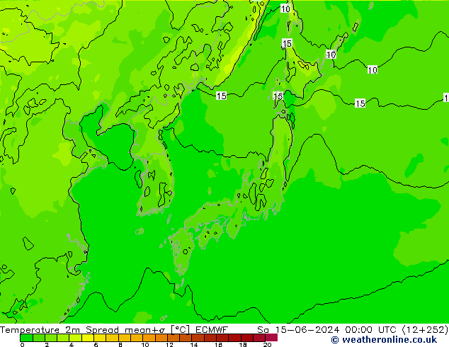 température 2m Spread ECMWF sam 15.06.2024 00 UTC