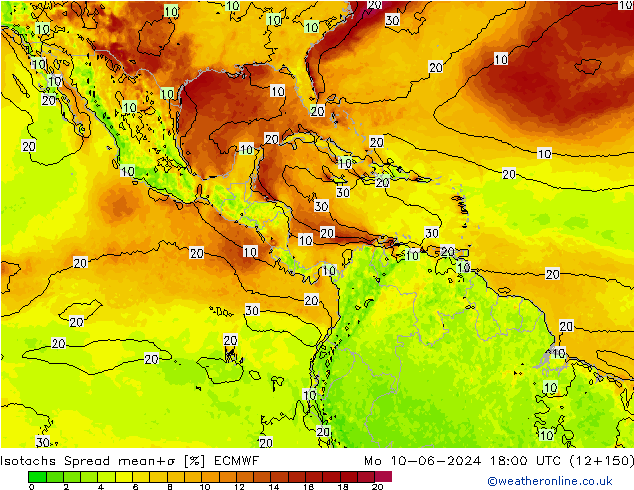 Isotachs Spread ECMWF Mo 10.06.2024 18 UTC