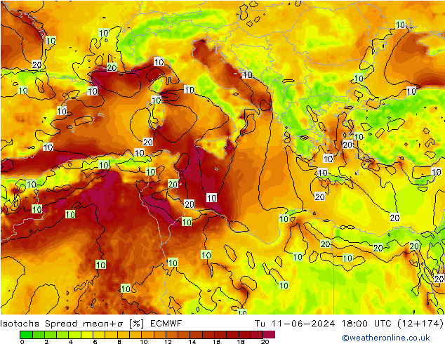 Izotacha Spread ECMWF wto. 11.06.2024 18 UTC