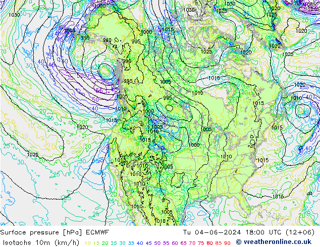 Isotachs (kph) ECMWF Tu 04.06.2024 18 UTC