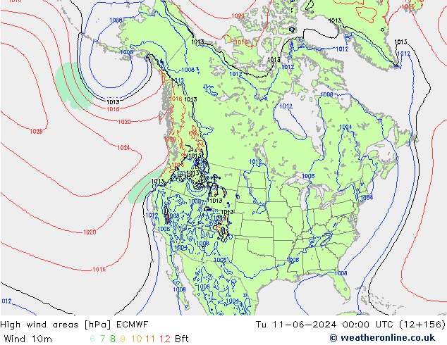 High wind areas ECMWF Út 11.06.2024 00 UTC