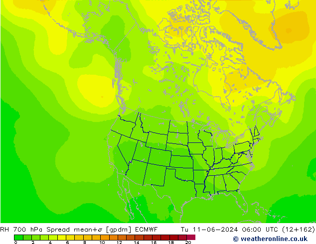 RH 700 hPa Spread ECMWF Út 11.06.2024 06 UTC