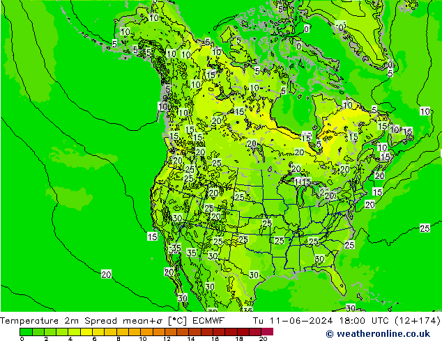 Sıcaklık Haritası 2m Spread ECMWF Sa 11.06.2024 18 UTC