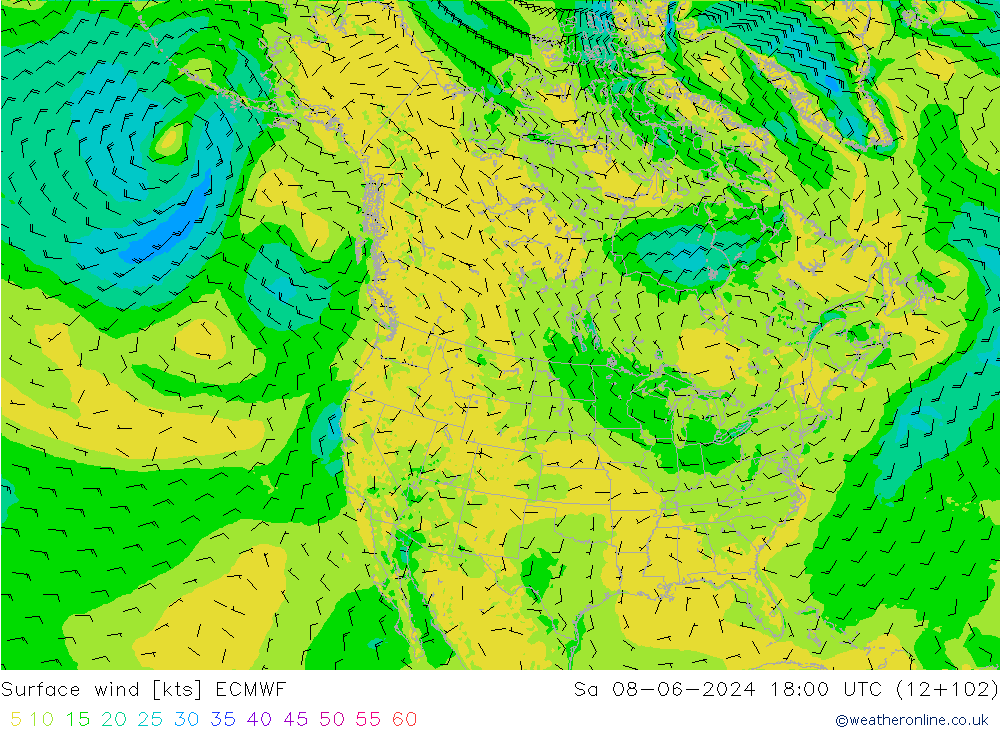 wiatr 10 m ECMWF so. 08.06.2024 18 UTC