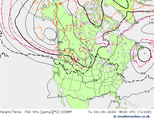 Height/Temp. 700 hPa ECMWF Tu 04.06.2024 18 UTC