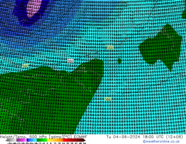 Hoogte/Temp. 500 hPa ECMWF di 04.06.2024 18 UTC