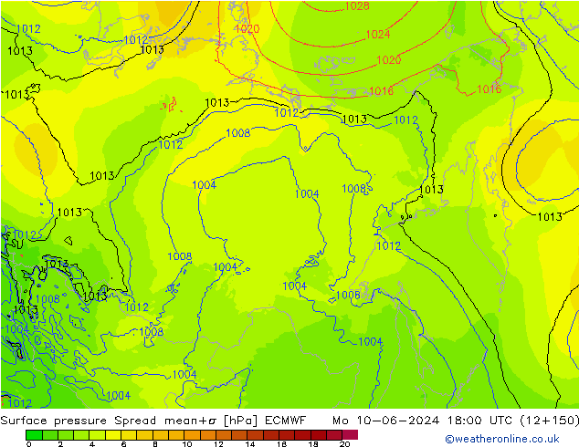 Atmosférický tlak Spread ECMWF Po 10.06.2024 18 UTC