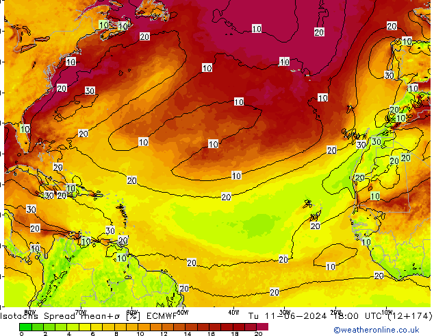 Isotachs Spread ECMWF Út 11.06.2024 18 UTC