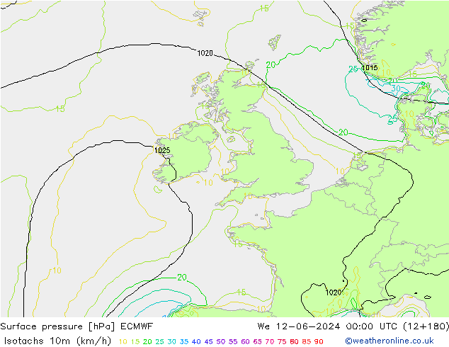 Izotacha (km/godz) ECMWF śro. 12.06.2024 00 UTC